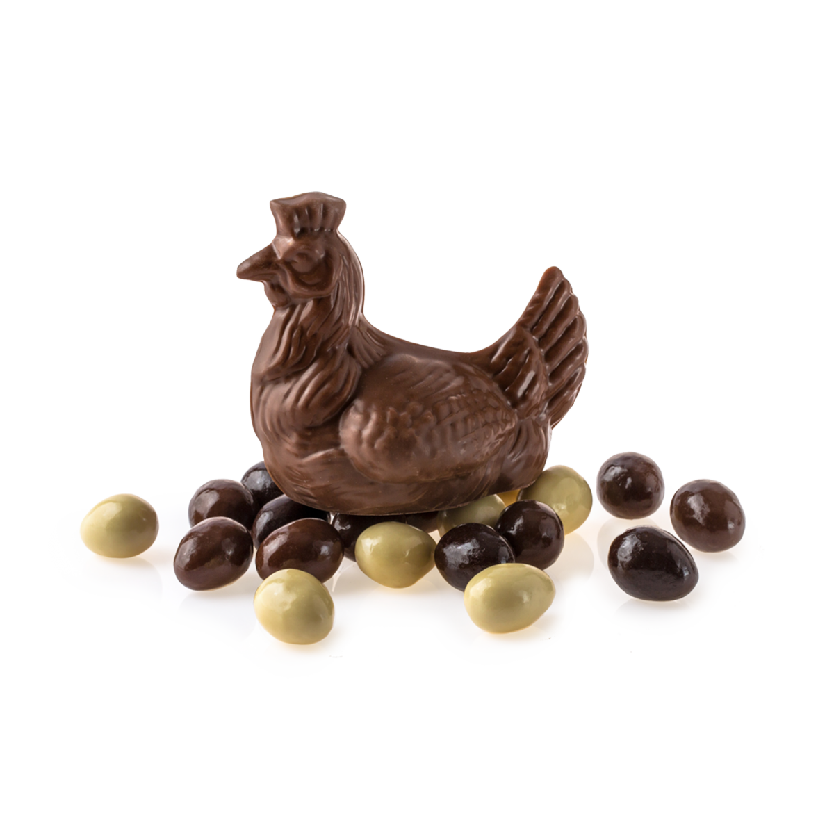 Poule Chocolat Lait et petits oeufs - Pâques 2024 - Chocolatier Paris Poule Chocolat Lait et petits oeufs - Pâques 2024 - Chocolatier Paris